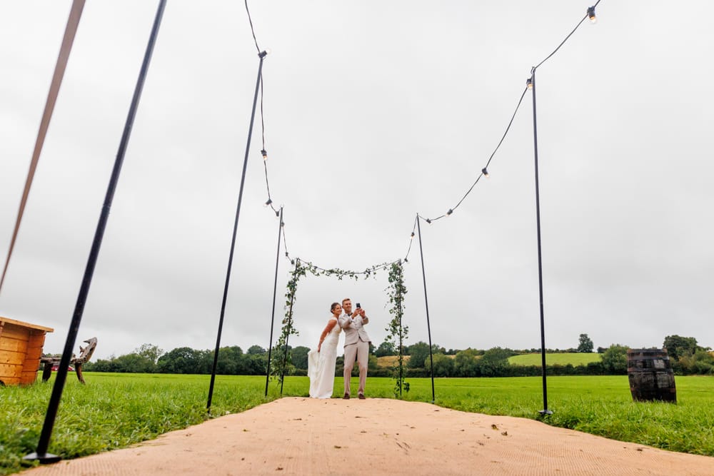 bride and groom outside