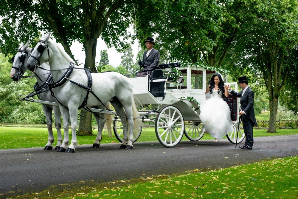 horse and carriage arrive for bride