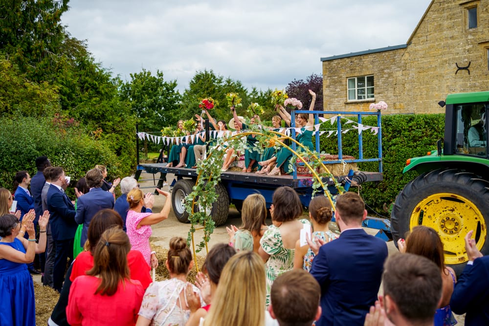 getting off the tractor at the wedding